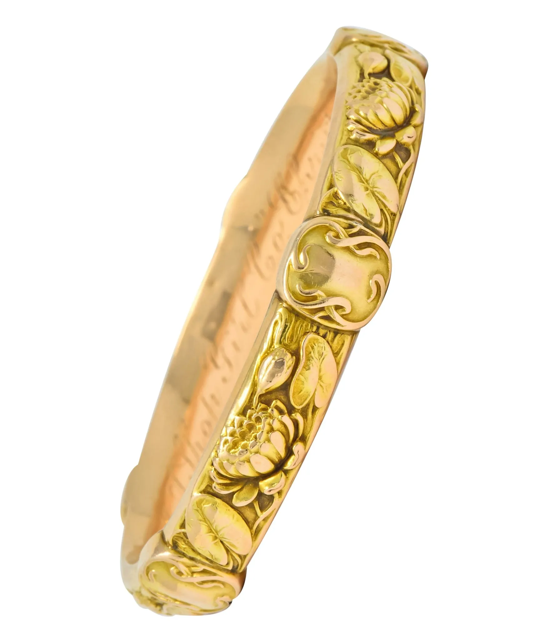 Riker Brothers Art Nouveau 14 Karat Gold Lotus Lily Pad Bangle Bracelet