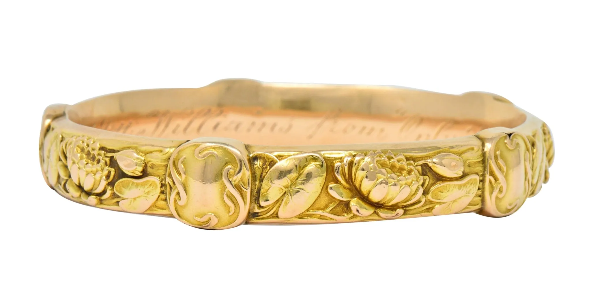 Riker Brothers Art Nouveau 14 Karat Gold Lotus Lily Pad Bangle Bracelet
