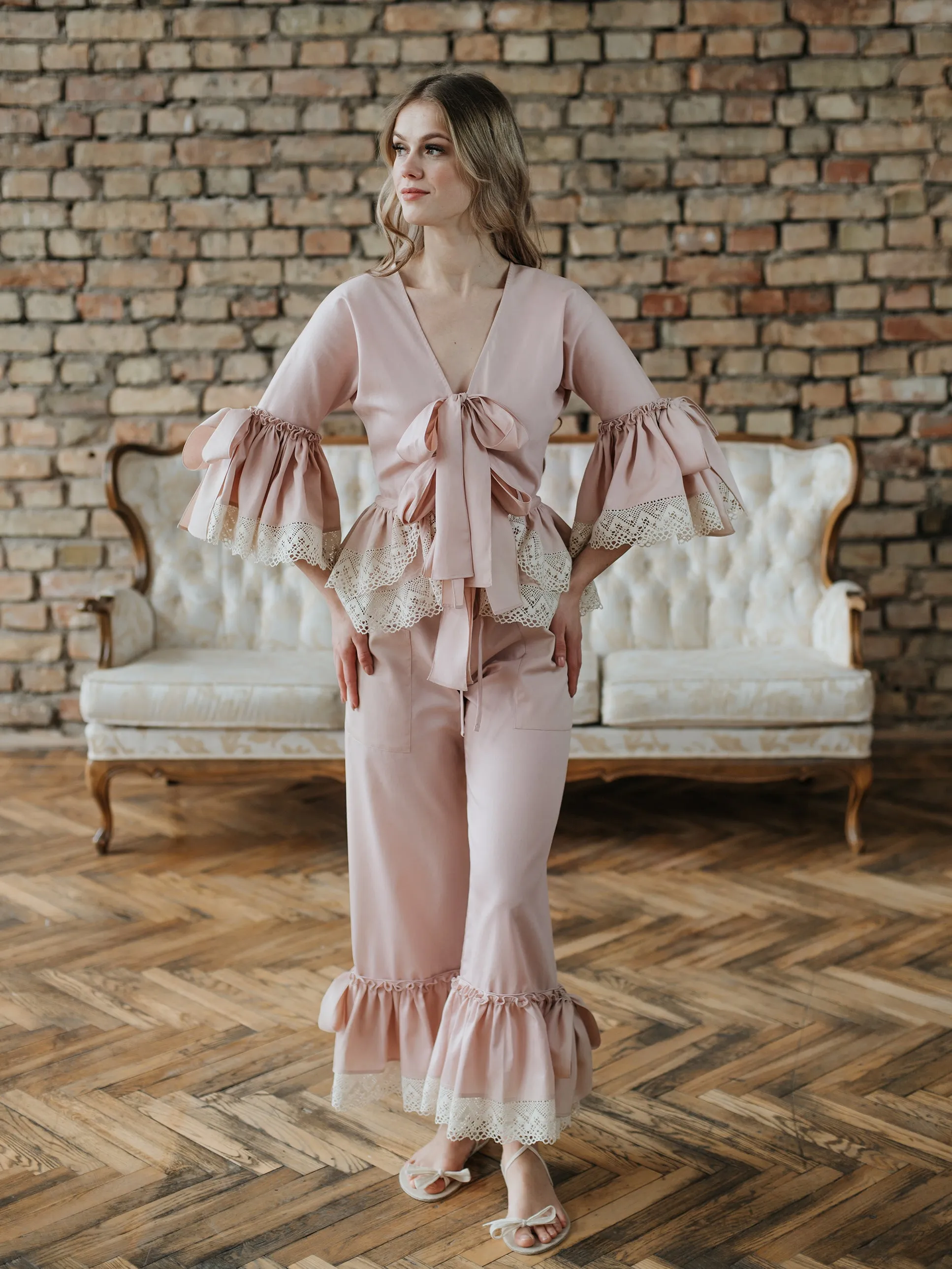 Rococo Nights Loungewear Set in Pink Cotton