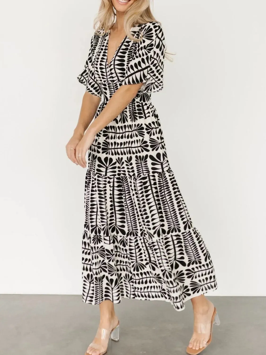 Ruched Printed V-Neck Half Sleeve Midi Dress