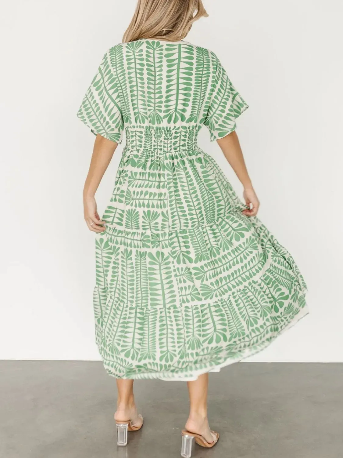 Ruched Printed V-Neck Half Sleeve Midi Dress