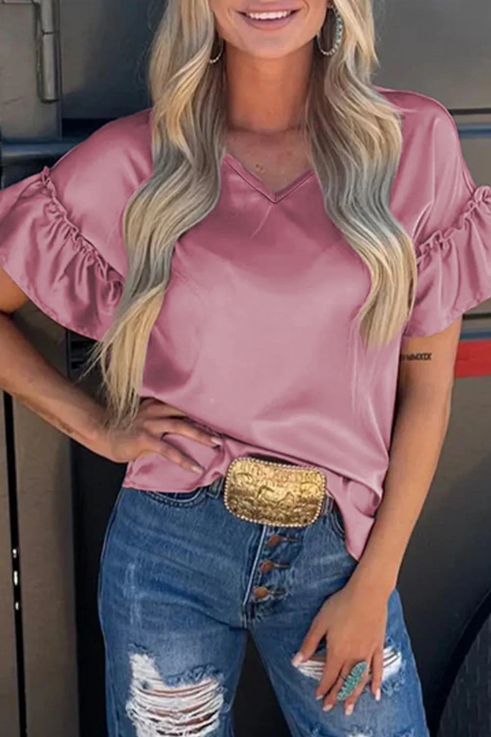 Satin Ruffle Sleeve V Neck Blouse