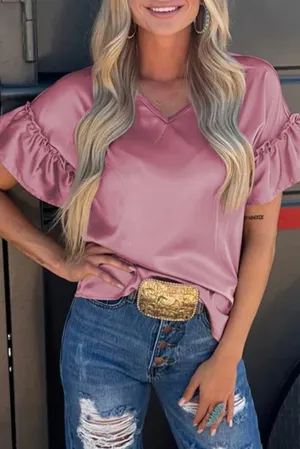 Satin Ruffle Sleeve V Neck Blouse