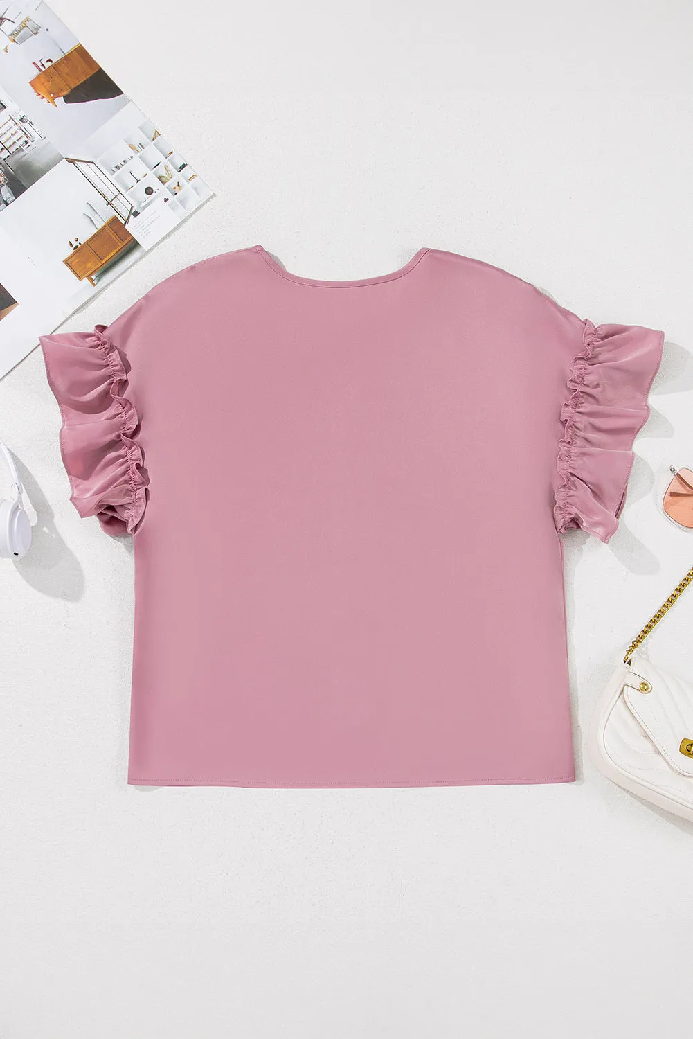 Satin Ruffle Sleeve V Neck Blouse