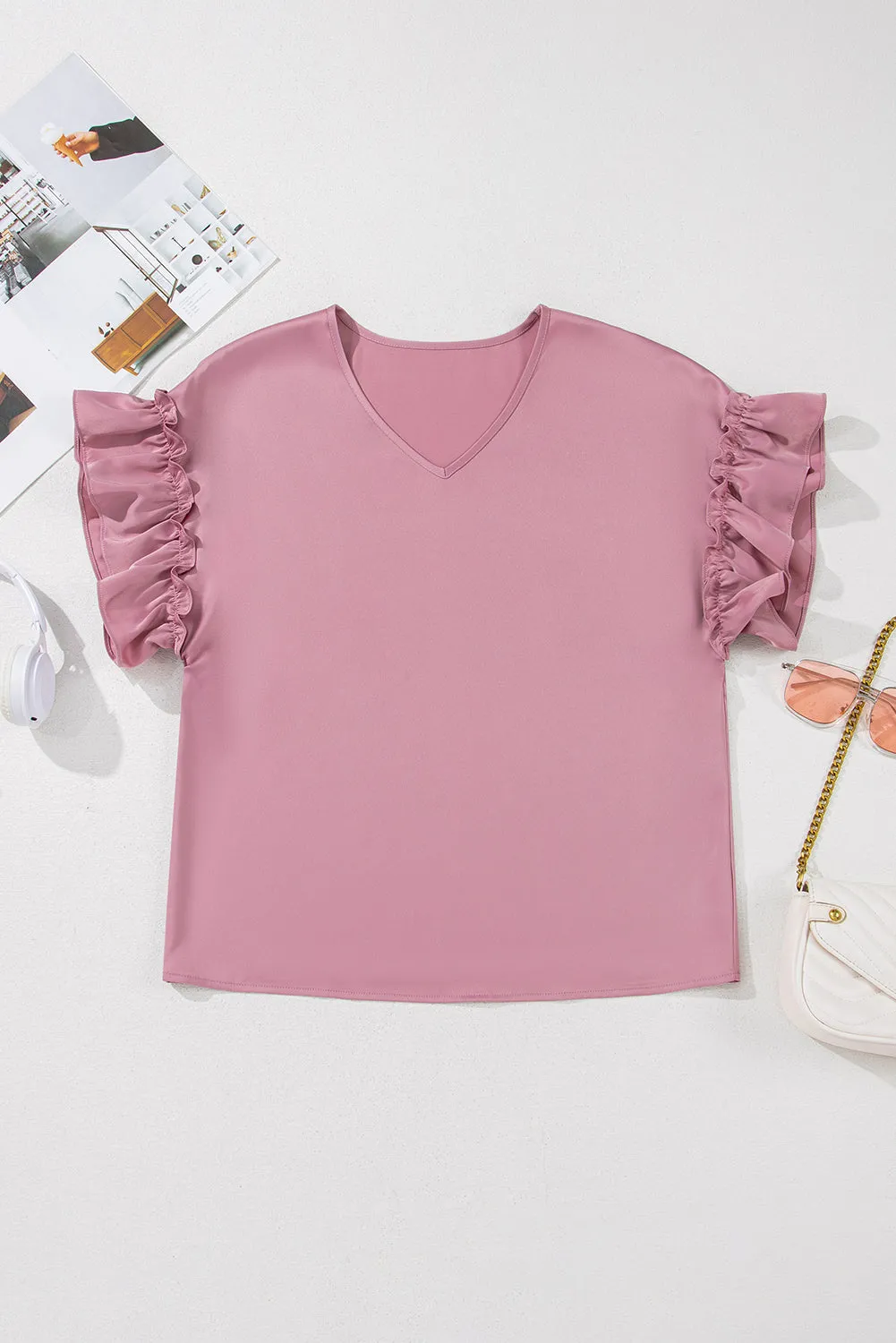 Satin Ruffle Sleeve V Neck Blouse