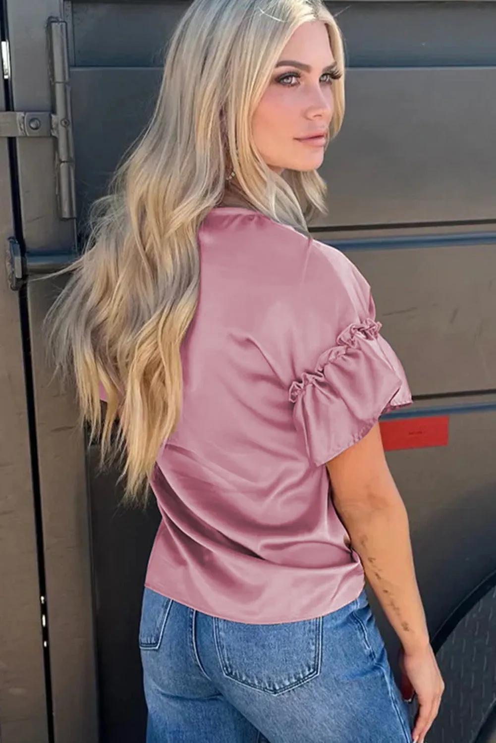 Satin Ruffle Sleeve V Neck Blouse