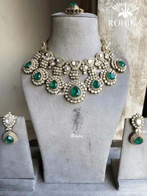 Sheesh doublet polki kundan necklace set - Dark Green