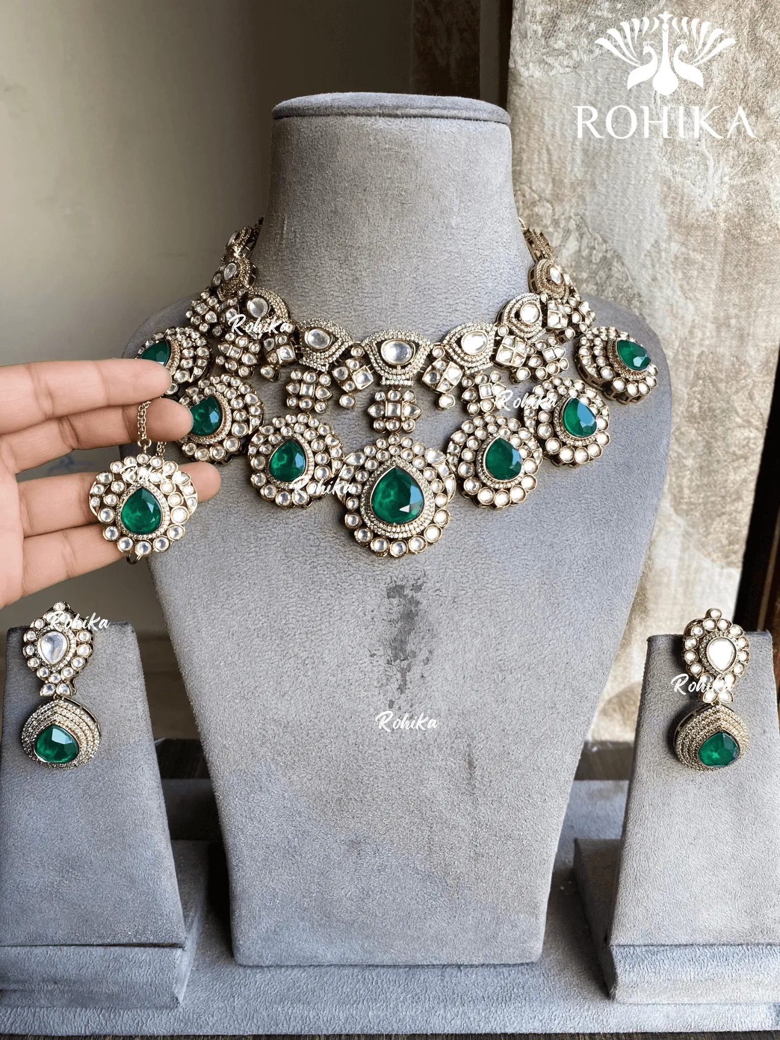 Sheesh doublet polki kundan necklace set - Dark Green