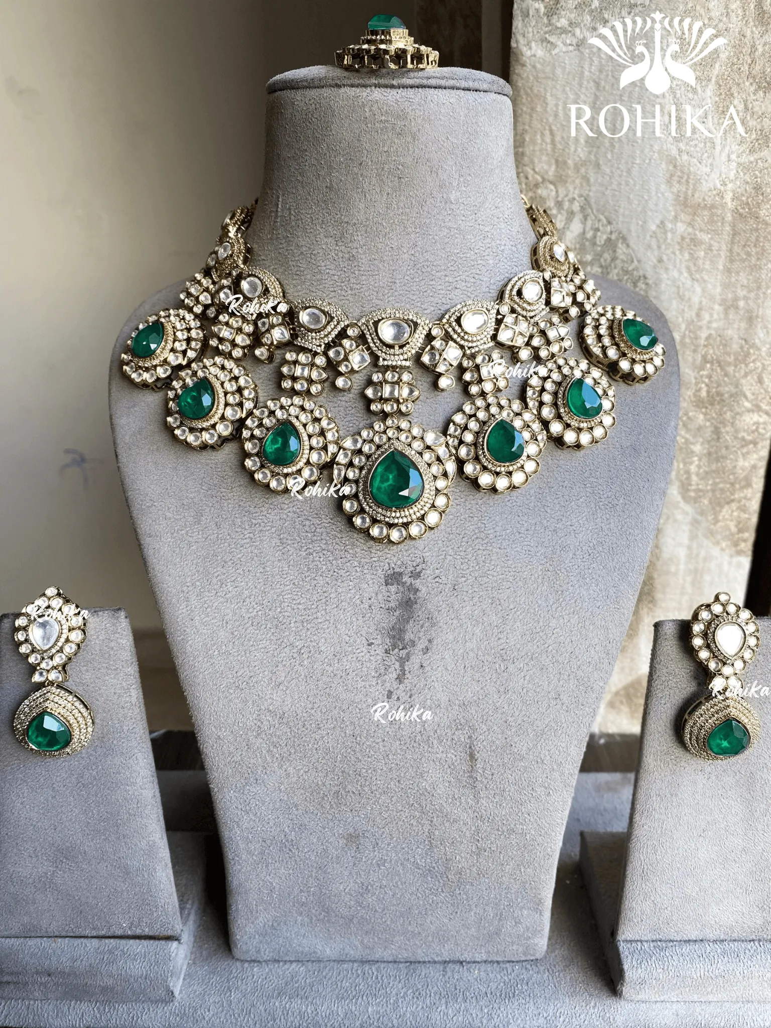 Sheesh doublet polki kundan necklace set - Dark Green