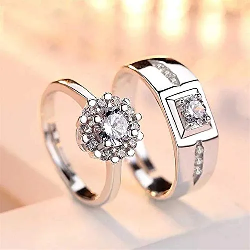 Silver Crystal Platinum Plated Elegant Couple Adjustable Ring for Men and Women