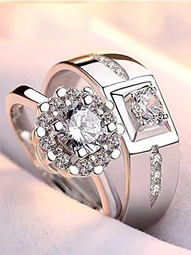 Silver Crystal Platinum Plated Elegant Couple Adjustable Ring for Men and Women