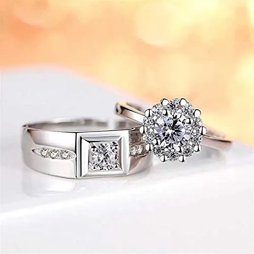 Silver Crystal Platinum Plated Elegant Couple Adjustable Ring for Men and Women