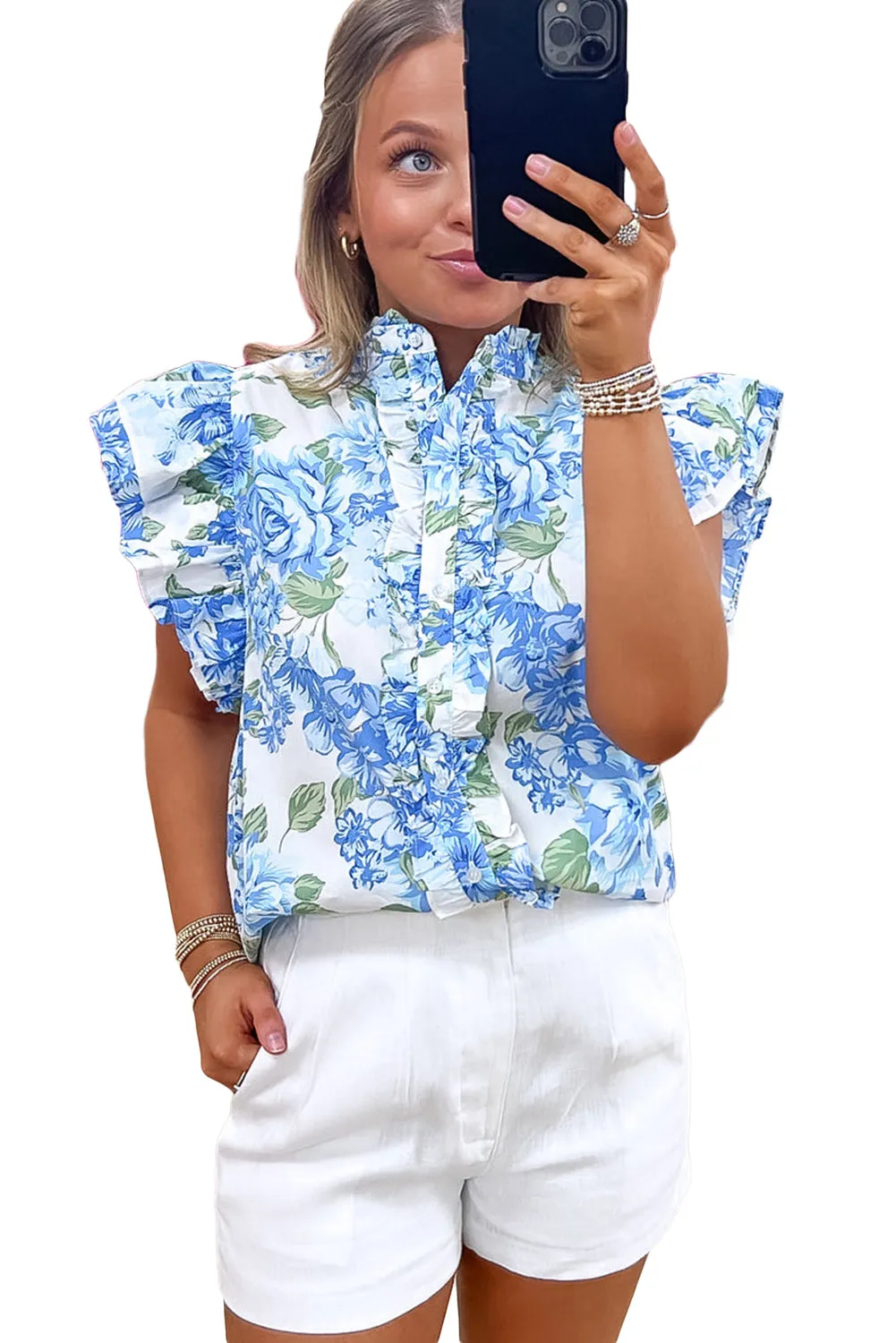 Sky Blue Floral Print Ruffle Sleeve Shirt