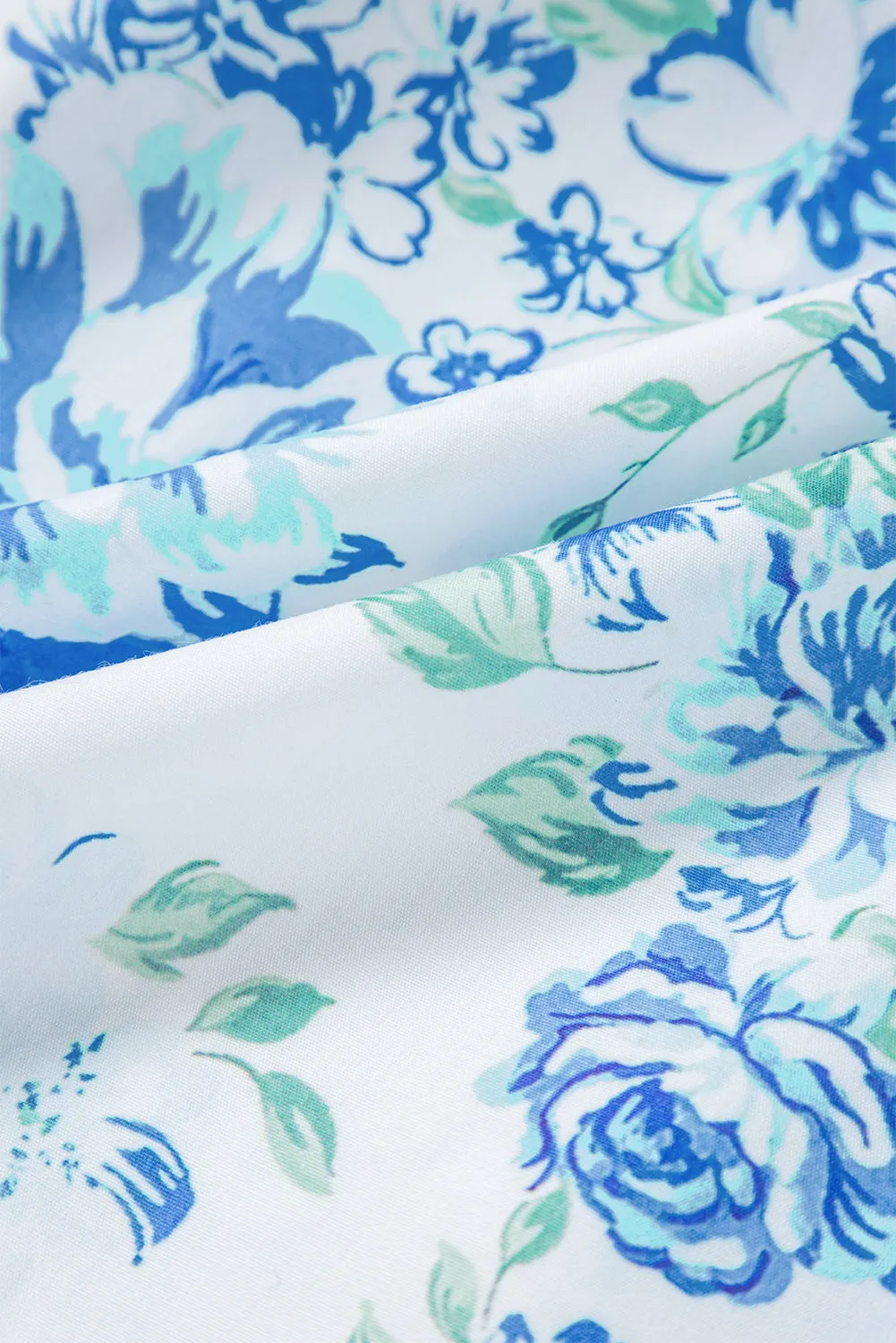 Sky Blue Floral Print Ruffle Sleeve Shirt