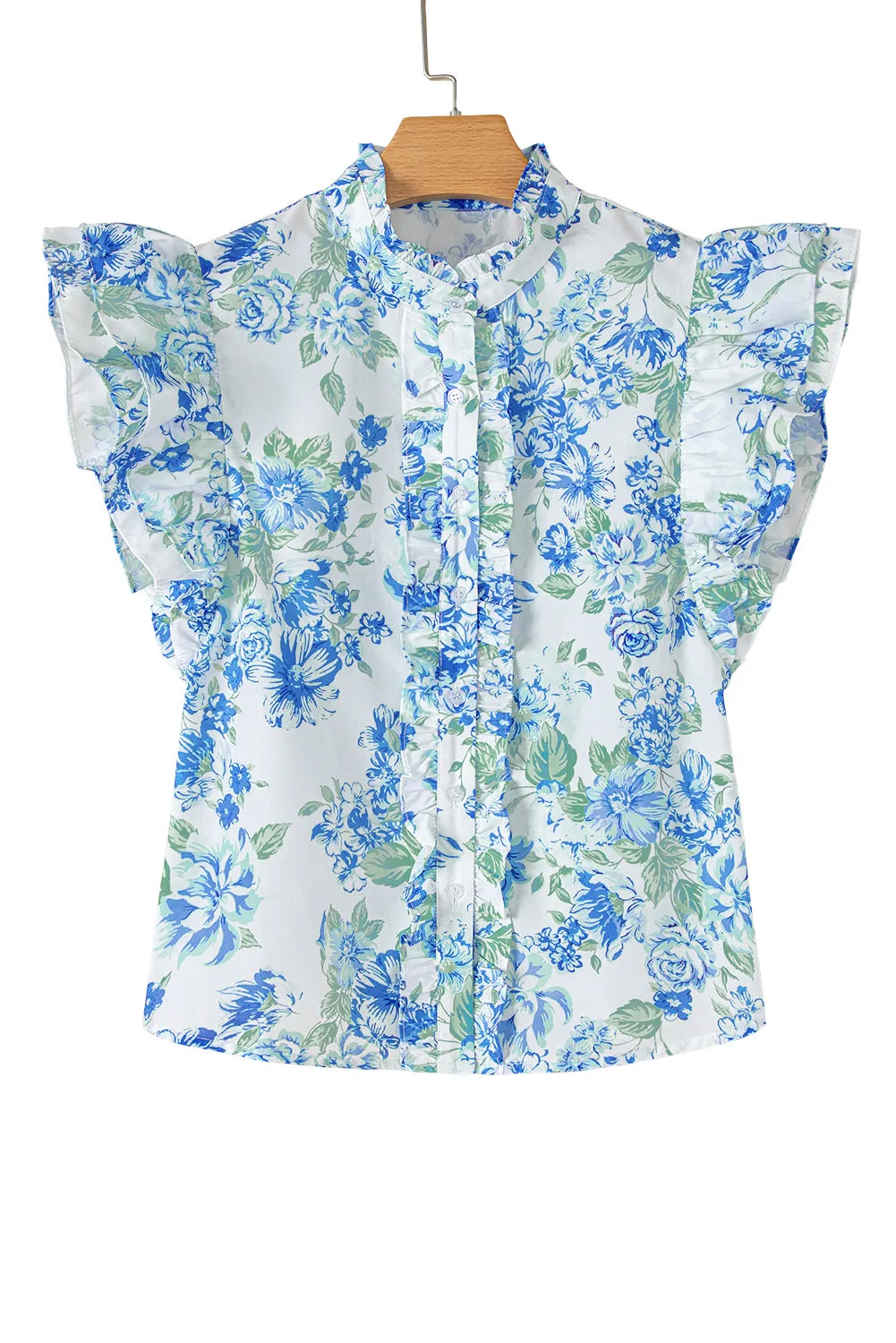 Sky Blue Floral Print Ruffle Sleeve Shirt