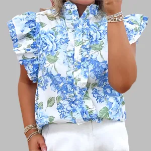 Sky Blue Floral Print Ruffle Sleeve Shirt