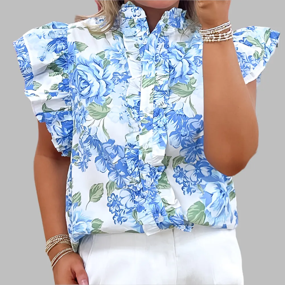 Sky Blue Floral Print Ruffle Sleeve Shirt