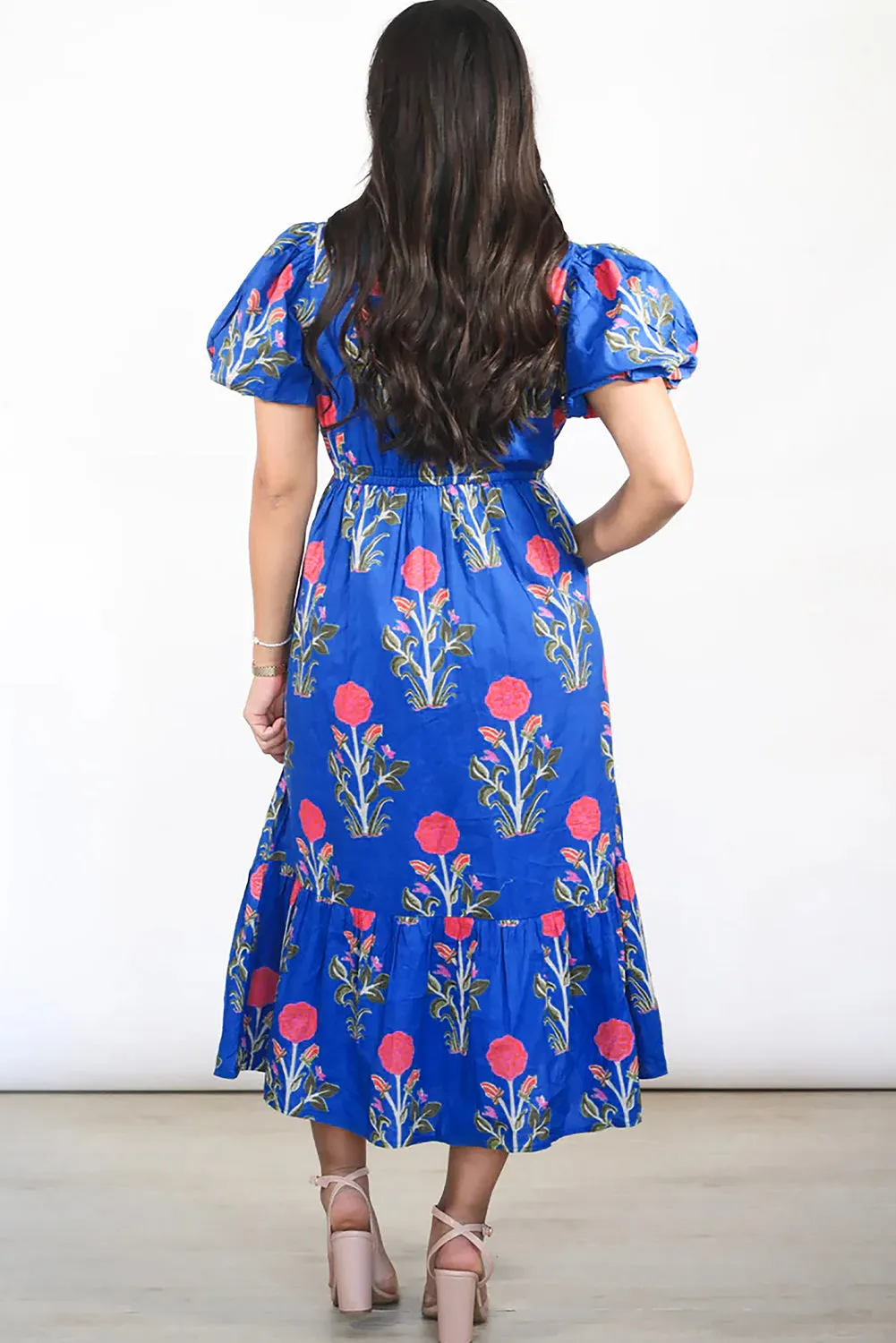 Sky Blue Floral Ruffle Hem Midi Dress