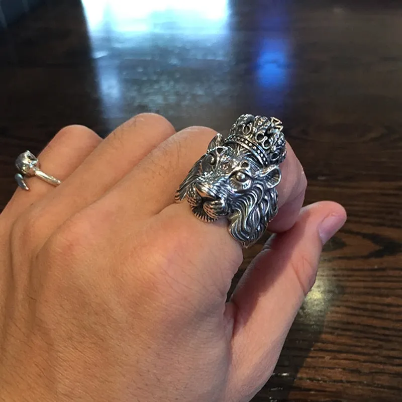 Solid 925 Sterling Silver Crown Lion King Ring