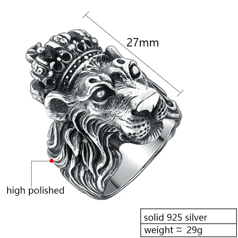 Solid 925 Sterling Silver Crown Lion King Ring