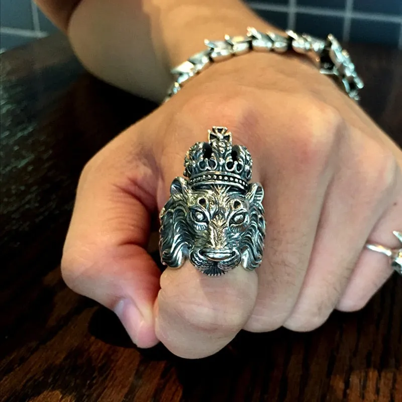 Solid 925 Sterling Silver Crown Lion King Ring