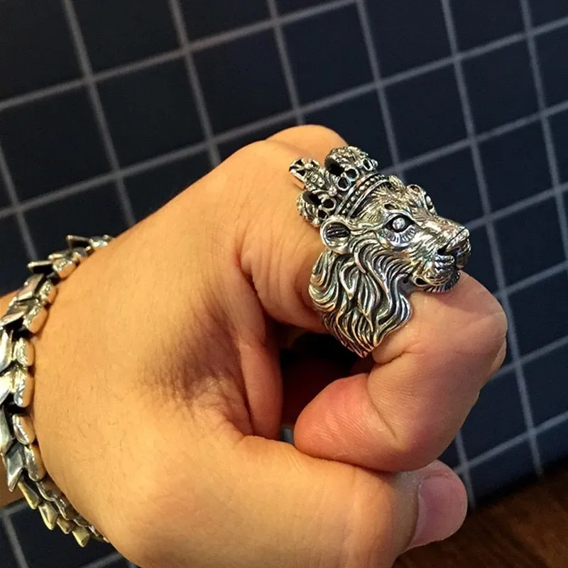 Solid 925 Sterling Silver Crown Lion King Ring