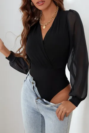 Solid Color V Neck Wrap Mesh Sleeves Bodysuit