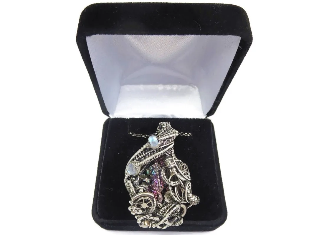 Steampunk Bismuth Crystal Pendant with Rainbow Moonstone