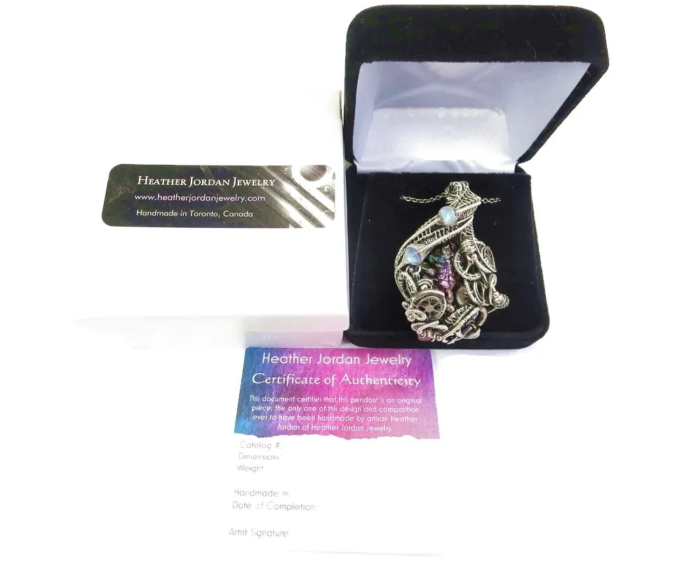 Steampunk Bismuth Crystal Pendant with Rainbow Moonstone