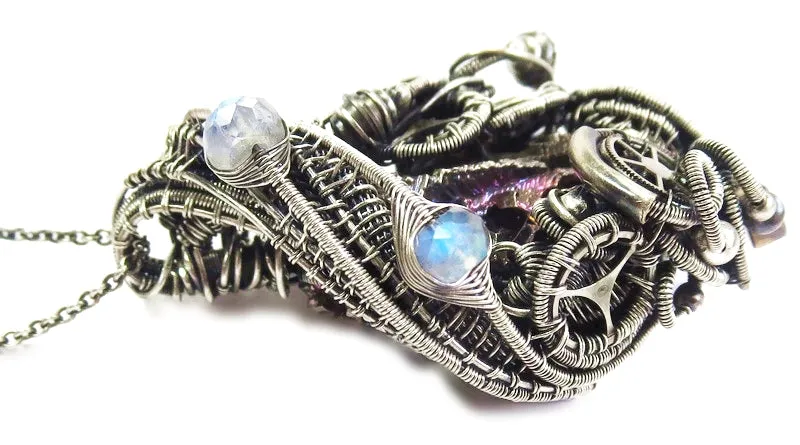Steampunk Bismuth Crystal Pendant with Rainbow Moonstone