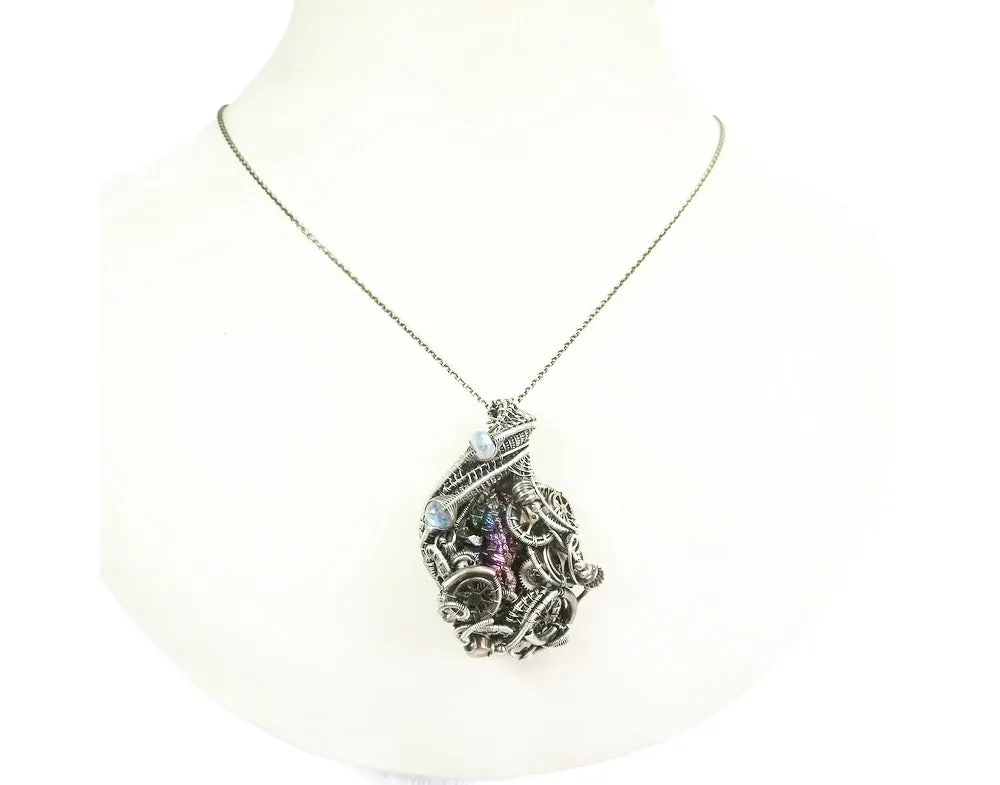 Steampunk Bismuth Crystal Pendant with Rainbow Moonstone