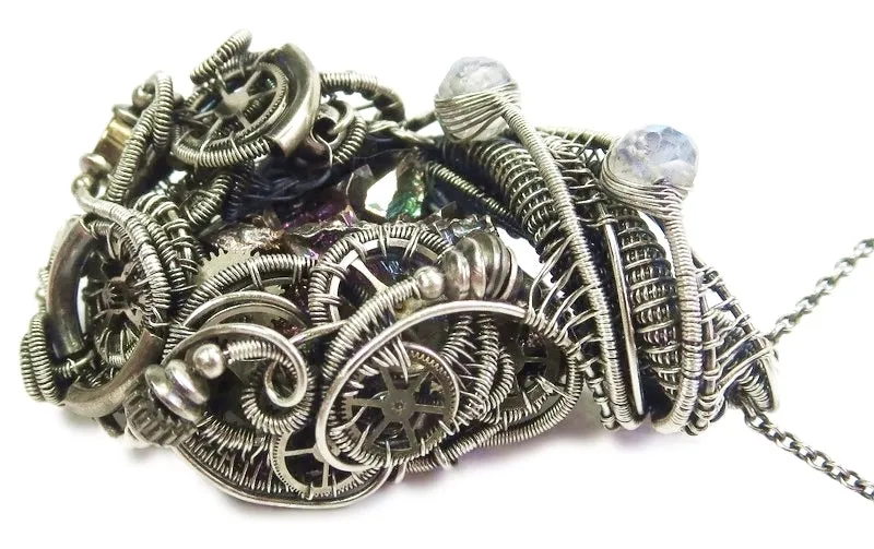 Steampunk Bismuth Crystal Pendant with Rainbow Moonstone