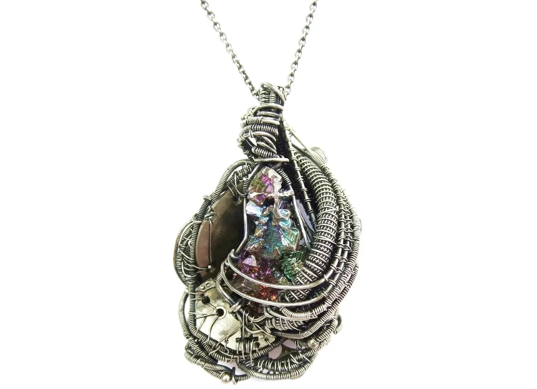 Steampunk Bismuth Crystal Pendant with Rainbow Moonstone
