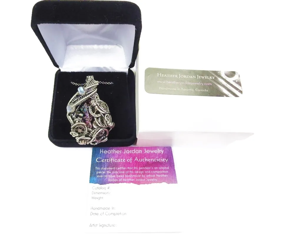Steampunk Bismuth Crystal Pendant with Rainbow Moonstone