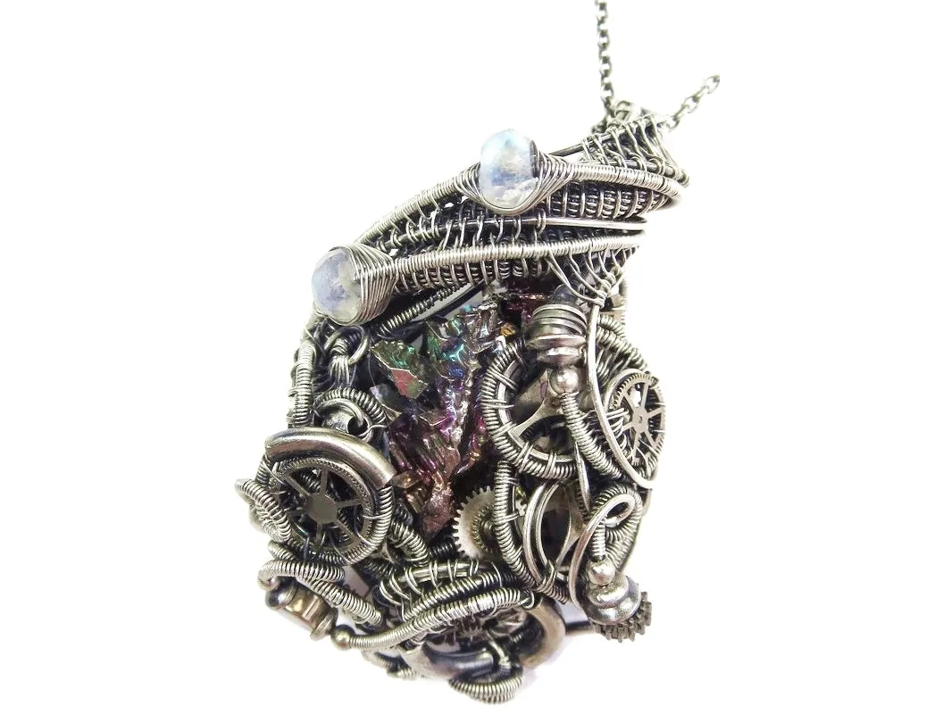 Steampunk Bismuth Crystal Pendant with Rainbow Moonstone