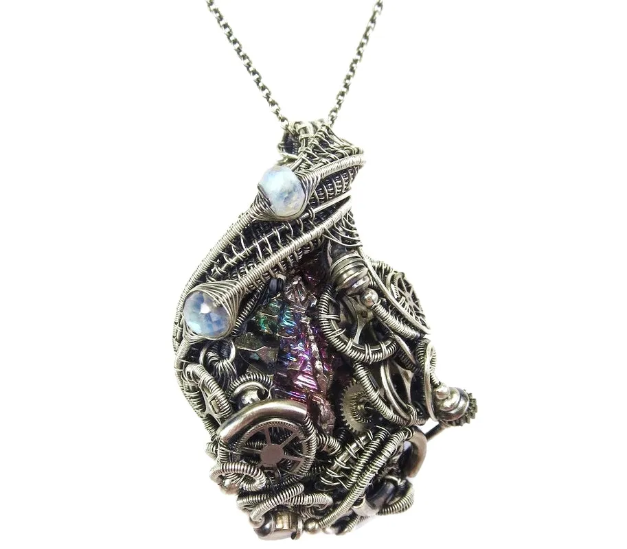 Steampunk Bismuth Crystal Pendant with Rainbow Moonstone