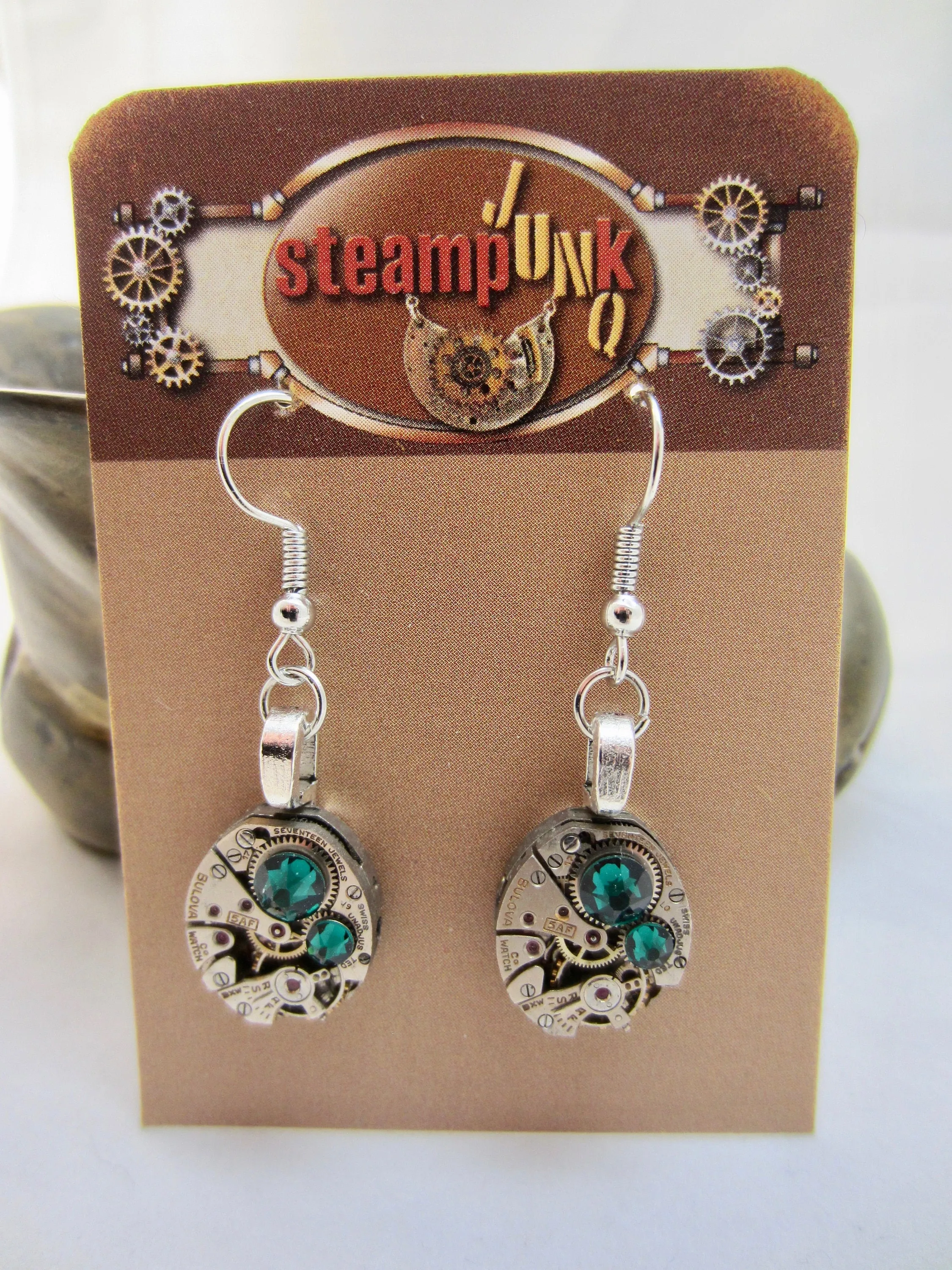 Steampunk Drop Earrings with Mechanical Watch Movement - Emerald - May Birthstone - Steampunk jewelry - gift for mom