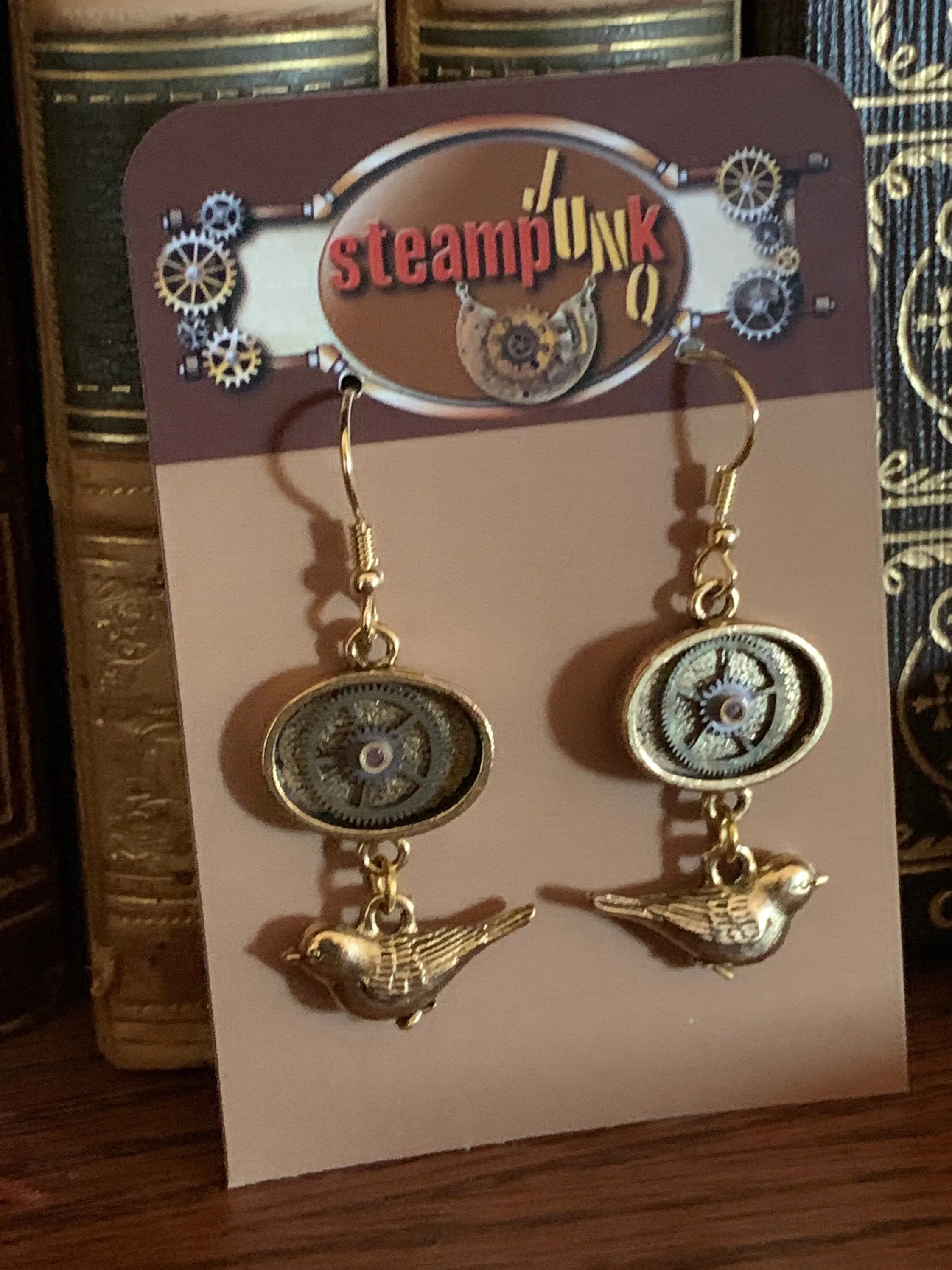 Steampunk earrings with gold sparrow - Steampunk Earrings - gift for her - Birthday gift - unique - one of a kind - pocket watch gears