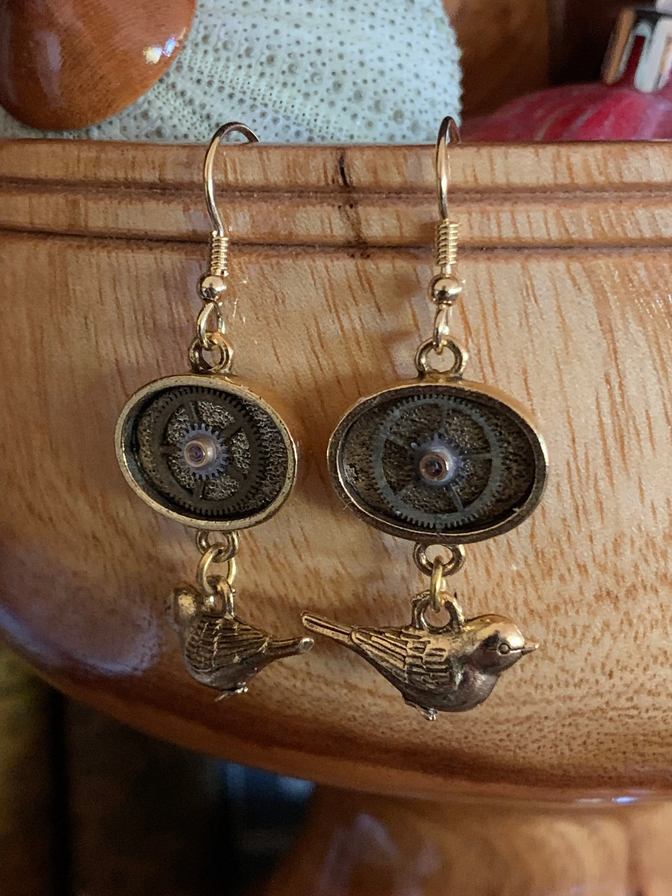 Steampunk earrings with gold sparrow - Steampunk Earrings - gift for her - Birthday gift - unique - one of a kind - pocket watch gears