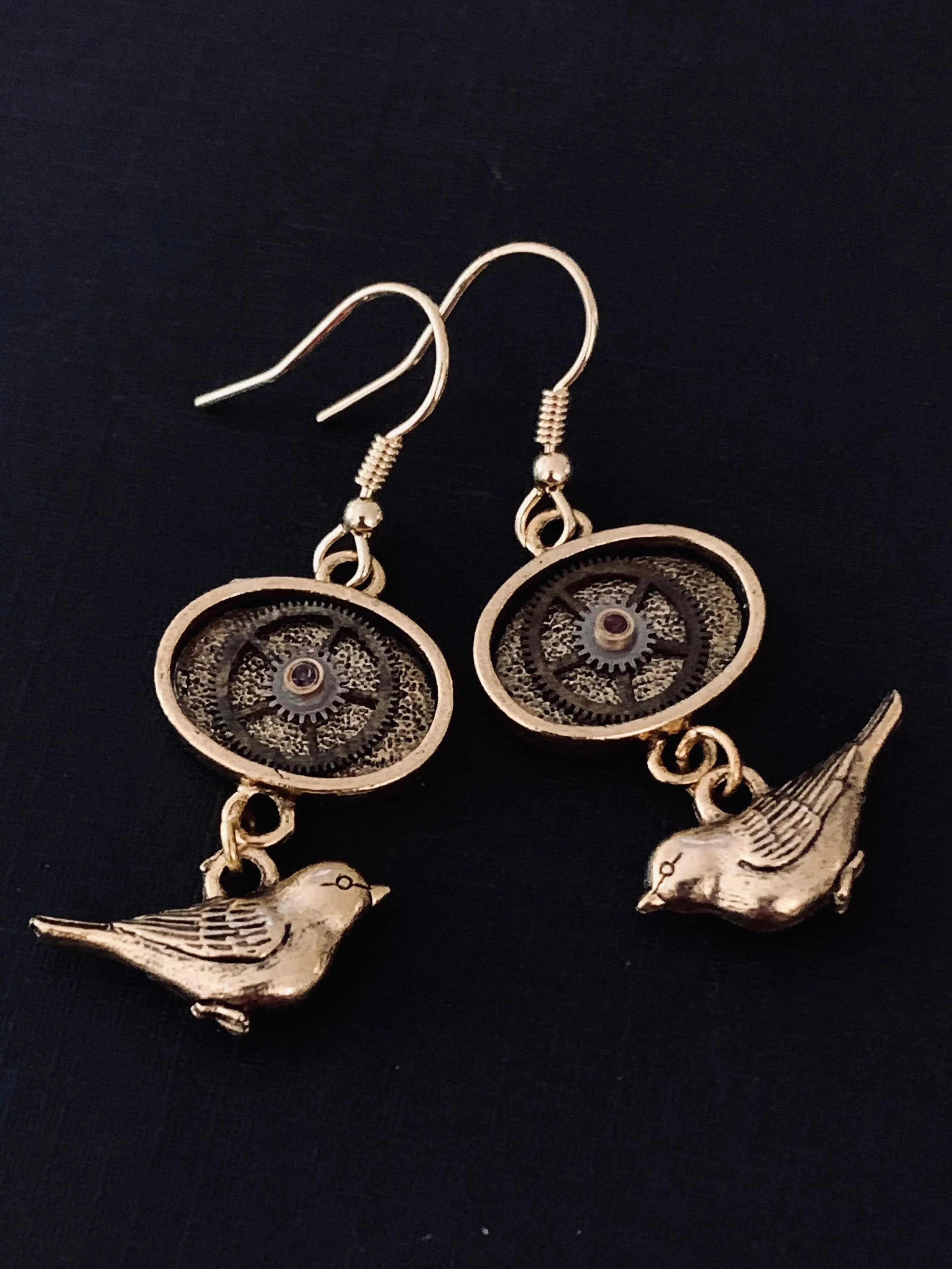 Steampunk earrings with gold sparrow - Steampunk Earrings - gift for her - Birthday gift - unique - one of a kind - pocket watch gears