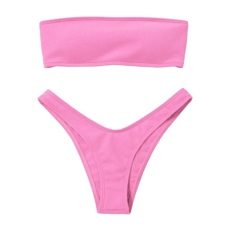 Strapless Bikini Woman 2 Piece Swimsuit Solid Swimwear Sexy Bikini Set Female Swimwear High Waist Push up Biquini Pink Blue