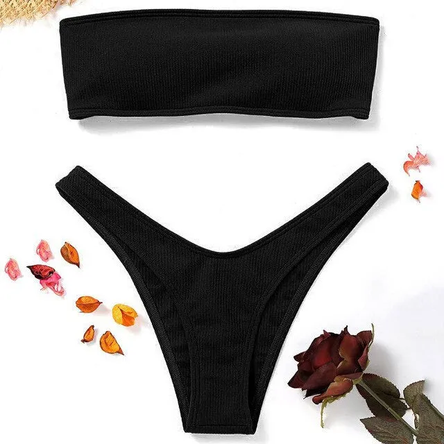 Strapless Bikini Woman 2 Piece Swimsuit Solid Swimwear Sexy Bikini Set Female Swimwear High Waist Push up Biquini Pink Blue