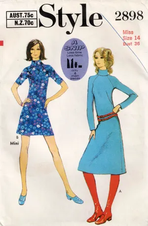 Style 2898 Womens Raglan Sleeved Bias Collar Mini or Midi Dress 1960s Vintage Sewing Pattern Size 14 Bust 36 inches