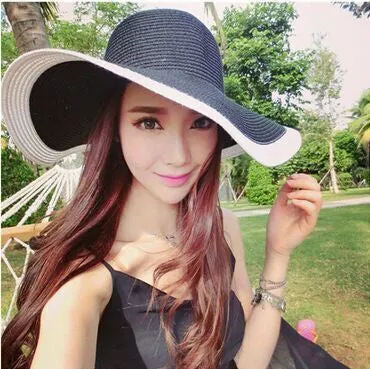 Summer Women's Foldable Wide Large Brim Beach Sun Hat Straw Beach Cap For Ladies Elegant Hats Girls Vacation Tour Hat