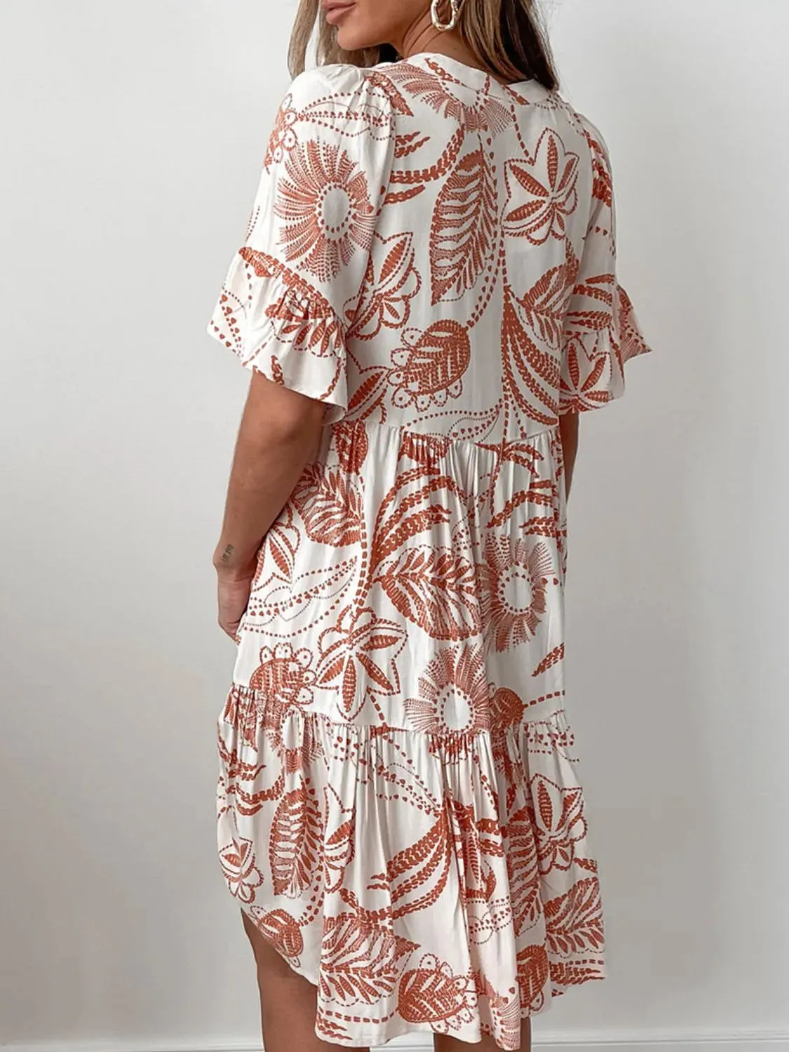 Tassel Printed Tie Neck Half Sleeve Mini Dress