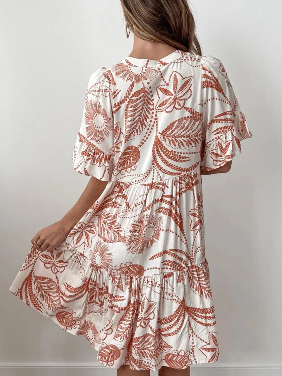 Tassel Printed Tie Neck Half Sleeve Mini Dress