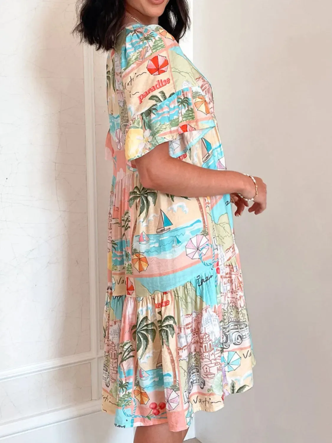 Tassel Printed Tie Neck Half Sleeve Mini Dress