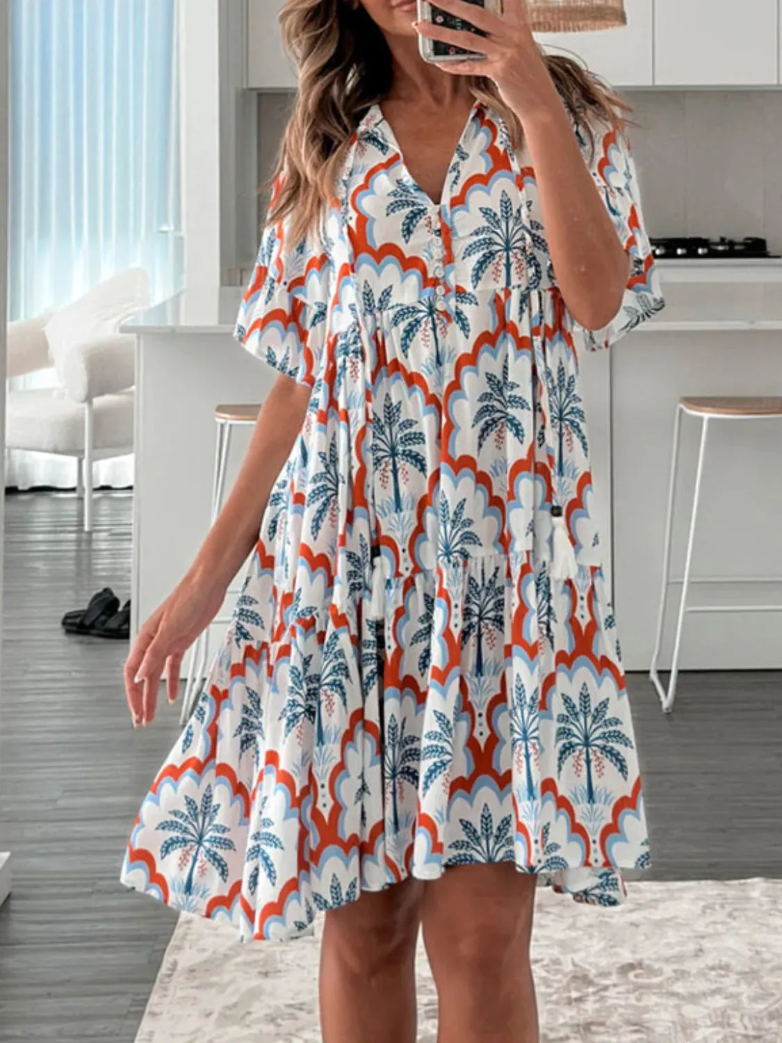 Tassel Printed Tie Neck Half Sleeve Mini Dress