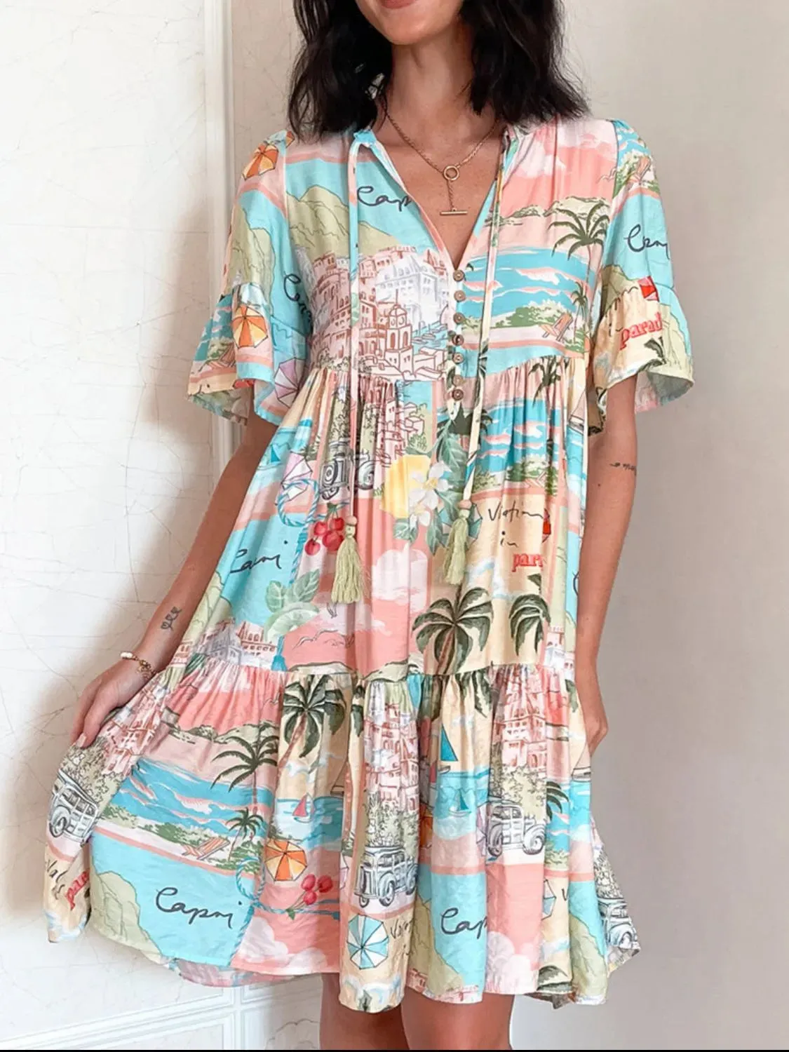 Tassel Printed Tie Neck Half Sleeve Mini Dress