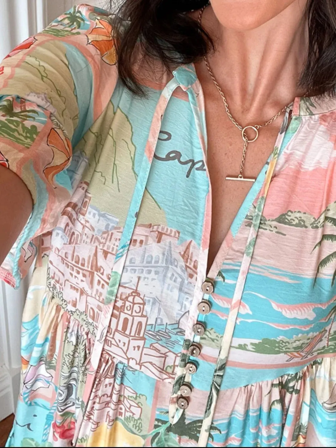 Tassel Printed Tie Neck Half Sleeve Mini Dress